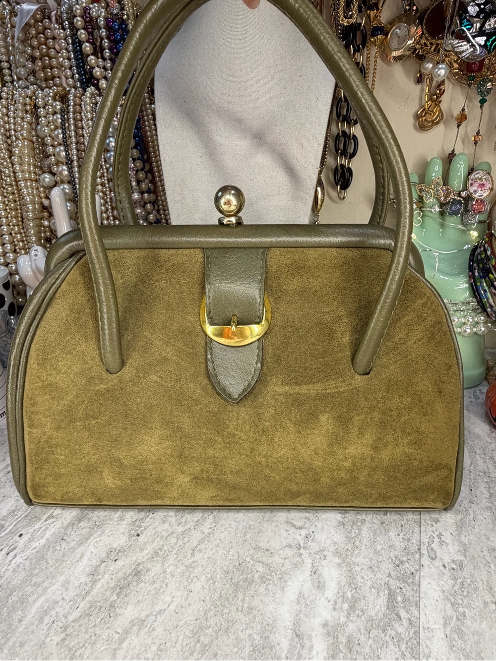 Vintage Olive Green Suede Top Handle Kiss lock Purse 60s Mod Retro Bag
